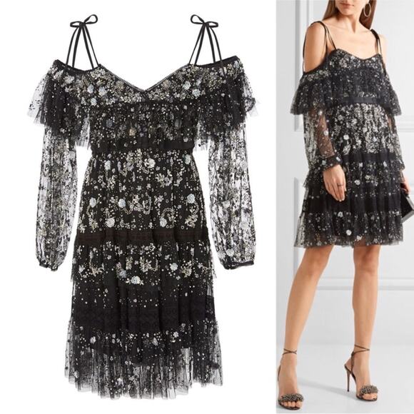 Needle & Thread Supernova Tiered Ruffle Embellished Dress Black Size 6 - Picture 6 of 14